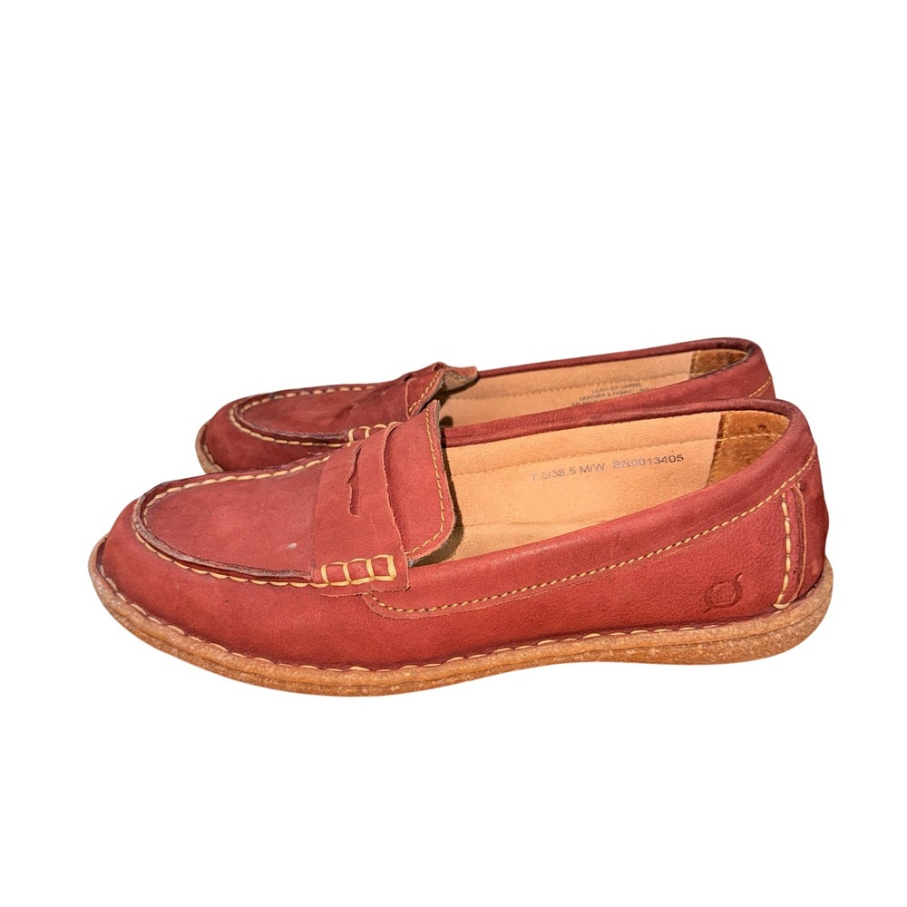 Born Penny Loafer Women 7.5 Pre-Owned Red Leather Contrast Stitching Shoes Boho - Picture 13 of 14